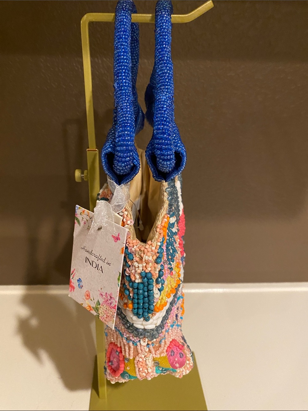 New Colorful Beaded Bag with Blue Handles - Picture 5 of 9